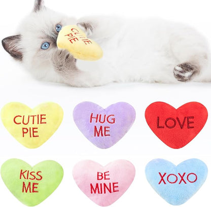 6pcs Valentine's Day Heart Catnip Toy，Valentines Indoor Heart Shaped Cat Toy Plush Interactive Chew Bite Toys for Cat Kitten Indoor Festive Holiday Cat Lover Gift