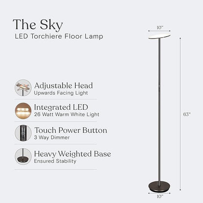 Brightech Sky LED Floor lamp, Torchiere Super Bright Floor Lamp for Living Rooms & Offices - Dimmable, Tall Standing Lamp for Bedroom Reading - Bronze