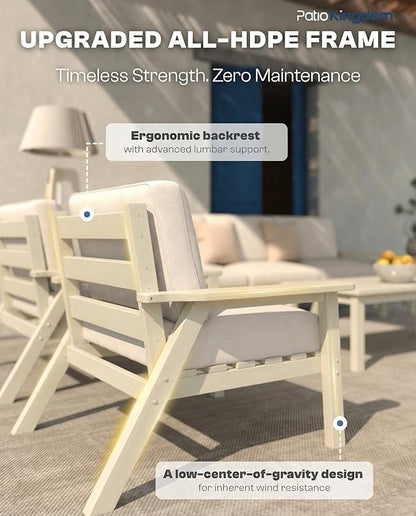 Patio Kingdom Patio Furniture Set 3 Seats, HDPE Outdoor Sectional with Washable Beige Thick Cushions, Coffee Table & Side Table, Patio Conversation Sets for Lawn, Garden, Porch, Balcony (White Frame)