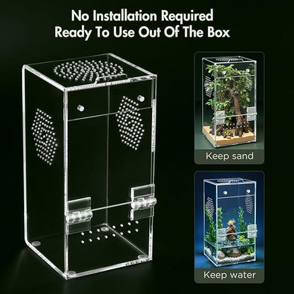 Pre-Assembled Jumping Spider Enclosure, Acrylic Terrarium with Magnetic Door & All-Side Ventilation, Habitat for Spiderling, Mantis, Tarantula, Snail, 3.5"×3.5"×7" (Tweezer & Temp Sticker Included)