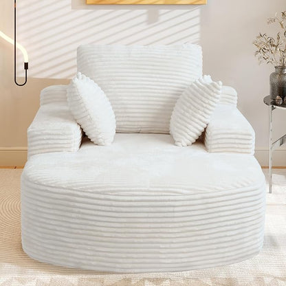 WJShome Oversized Lounge Chaise Indoor,D-Shaped Upholstered Corduroy Sofa Bed with 3 Pillows,Comfy Sleeper Boneless Couch,Deep Seat Couches for Living Room, Beige