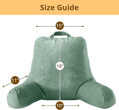 Sasttie Reading Pillow, Velvet Back Pillow for Bed Sitting Up, Adult Back-Rest Support Cushion with Arms for Sit Up on Couch, Sofa, and Floor, Dorm Essentials, Reading Accessories, Sage