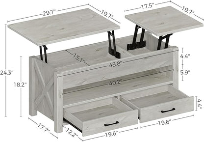 Seventable Coffee Table, 47.2" Lift Top Coffee Table with 2 Storage Drawers and Hidden Compartment, Retro Center Table with Wooden Lift Tabletop for Living Room, Gray