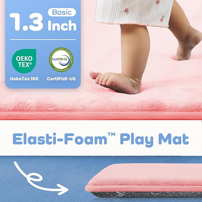 PAPAMAT 1.3" Thick Baby Floor Play Mat 59x79, Basic Padded Foam Mat for Tummy Time Crawling, Non Slip Cushioned for Babies Toddlers Infants Kids (Pink)