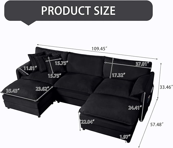 109.45" Oversized Extra Deep Seat Modern Chenille Cloud Couch, Large 3 Seater U Shape Modular Sofa for Living Room,Bedroom,Apartment,Office (Black, 109.45 Inch-U Shape)
