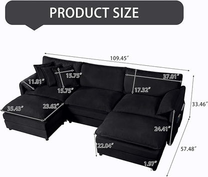 109.45" Oversized Extra Deep Seat Modern Chenille Cloud Couch, Large 3 Seater U Shape Modular Sofa for Living Room,Bedroom,Apartment,Office (Black, 109.45 Inch-U Shape)