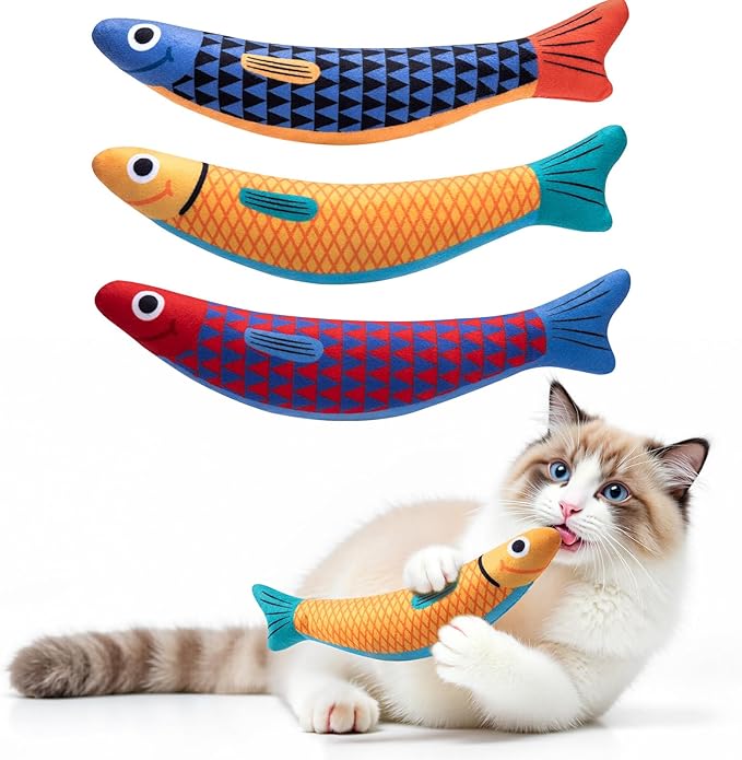 Interactive Cat Toys with[5000mg Premium A+Catnip][Baby Grade] Soft Chew Kicker Cat Toys for Indoor Cats & Kittens, Crinkle &Rattle Fish Sound Toy, Drives Bored Cats Crazy with Fun,3 Pack
