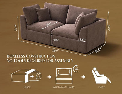 ohllob 78.9" Loveseat Sofa, Cloud Boneless Couches for Living Room, Modern Modular Sectional Sofa, Oversized, Brown