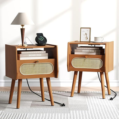 Night Stand Set 2, Mid Century Modern Nightstands Drawer, Rattan Bedside Table with Charging Station, Boho End Table with Storage, Wood Bed Side Tables for Bedroom, Small Space, Cherry