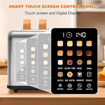 2 Slice Toaster Touch Screen, Stainless Steel Toasters Digital Timer 2 Slot