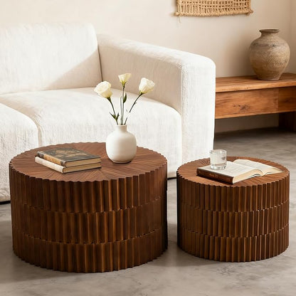 Round Nesting Coffee Table Set of 2, Round Fluted Coffee Tables for Living Room Modern Nesting End Side Tables for Small Spaces (B Brown)