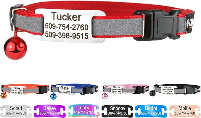 GoTags Personalized Reflective Cat Collars with Tag, Engraved Custom with Name and Phone, Breakaway Collar with Safety Buckle and Bell, Adjustable for Cats and Kitten, (Red with Nameplate)