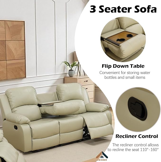 JBXBER Manual Recliner Sofa Set for Living Room, Leather Reclining Sofa Sets, Faux Leather Couch Set with Cup Holders, Drop-Down Table and Storage Console(Sofa and Chair,Beige)