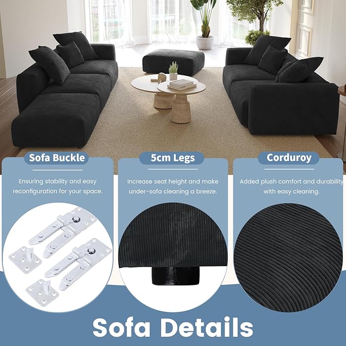 Sectional Couches for Living Room,102inch Cloud Couch Modular Sectional Sofa,Modern Corduroy Couch Love Seat,Cushion Covers Removable& Washable (Black)