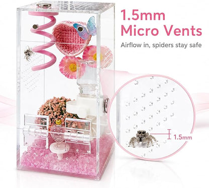 Jumping Spider Enclosure,DIY Insects Habitat,Small Reptile Terrarium Glass House Accessories Set,with Jumping Platform Hide Water Feeder (Pink B)