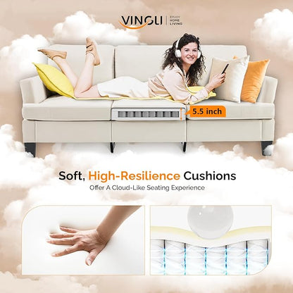 VINGLI White 83" Sofa Couches for Living Room, Faux Suede Modern Comfy 3 Seater Couch 25.6" Deep Seat Upholstery Cozy Sofas for Small Space, Bedroom, Apartment, Home Office
