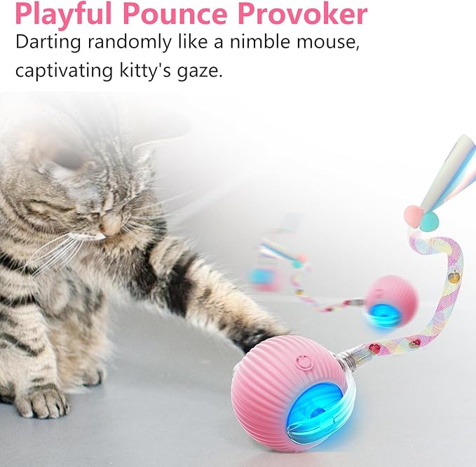 Interactive Cat Toys for Indoor Cats, Interactive Cat Ball Toy with Elastic Mesh Tail, Automatic Cat/Kitten Toys with Chirping & Motion Activate, Cat Toys for Bored Indoor (Pink)