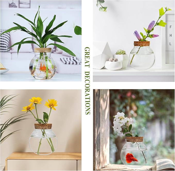 Small Betta Fish Tank Glass Fish Bowls for Betta Fish Goldfish, Aquaponic Fish Tank and Plants Cuttings Planter Terrarium Desktop Decorations Gifts