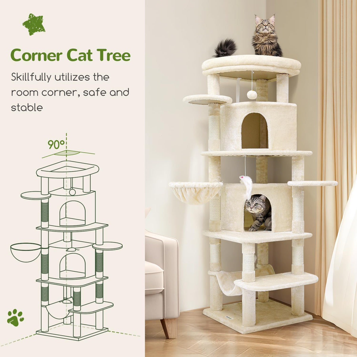 Globlazer Corner Cat Tree for Large Cats, 66inch Tall Curved Series Large Cat Tower for Multiple Indoor Cats with 6 Scratching Posts, 2 Spacious Cat Condos, Hammock, Hanging Basket, C66, Beige