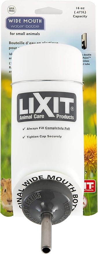Lixit Wide Mouth BPA-Free Cage Water Bottles for Rabbits, Ferrets, Guinea Pigs, Rats, Chinchillas, Hamsters, Mice, Hedgehogs, Gerbils and Other Small Animals. (Translucent, 16 Ounce)