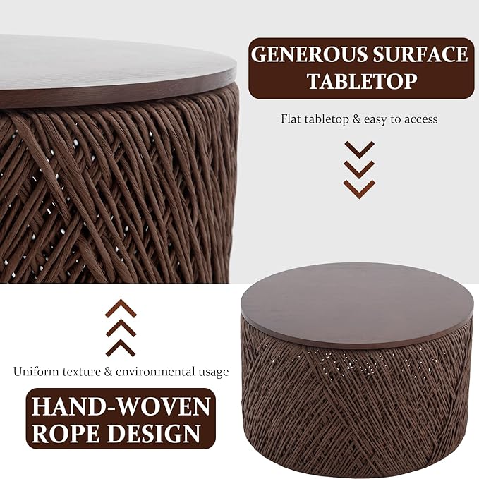 Kmax 30" Round Wood Nesting Coffee Table Set of 2 Handcraft Woven Rope Sofa Tables Both with Storage Drum End Table Side Table for Small Space Living Room No Assembly Needed, Dark Brown