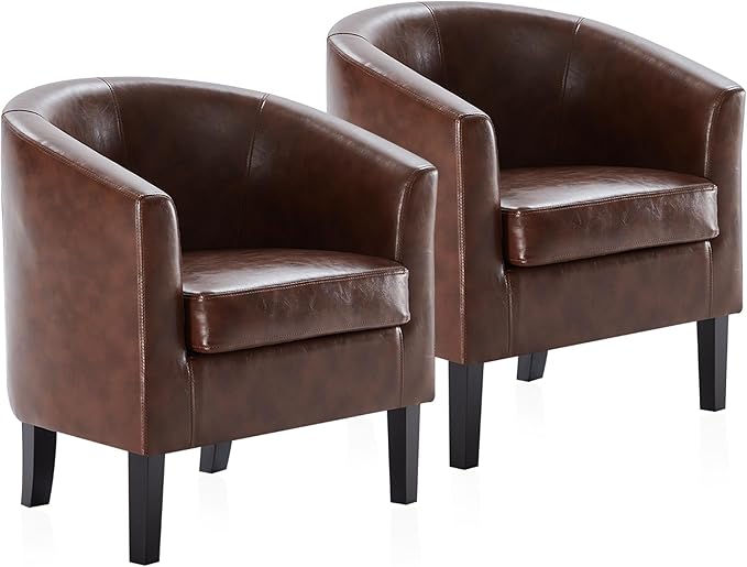 BELLEZE Accent Barrel Chair, Set of 2 Faux Leather Round Club Tub Sofa Corner Chair with Flared Legs and Cozy Soft Padding for Living Room Bedroom Waiting Room - Caramel