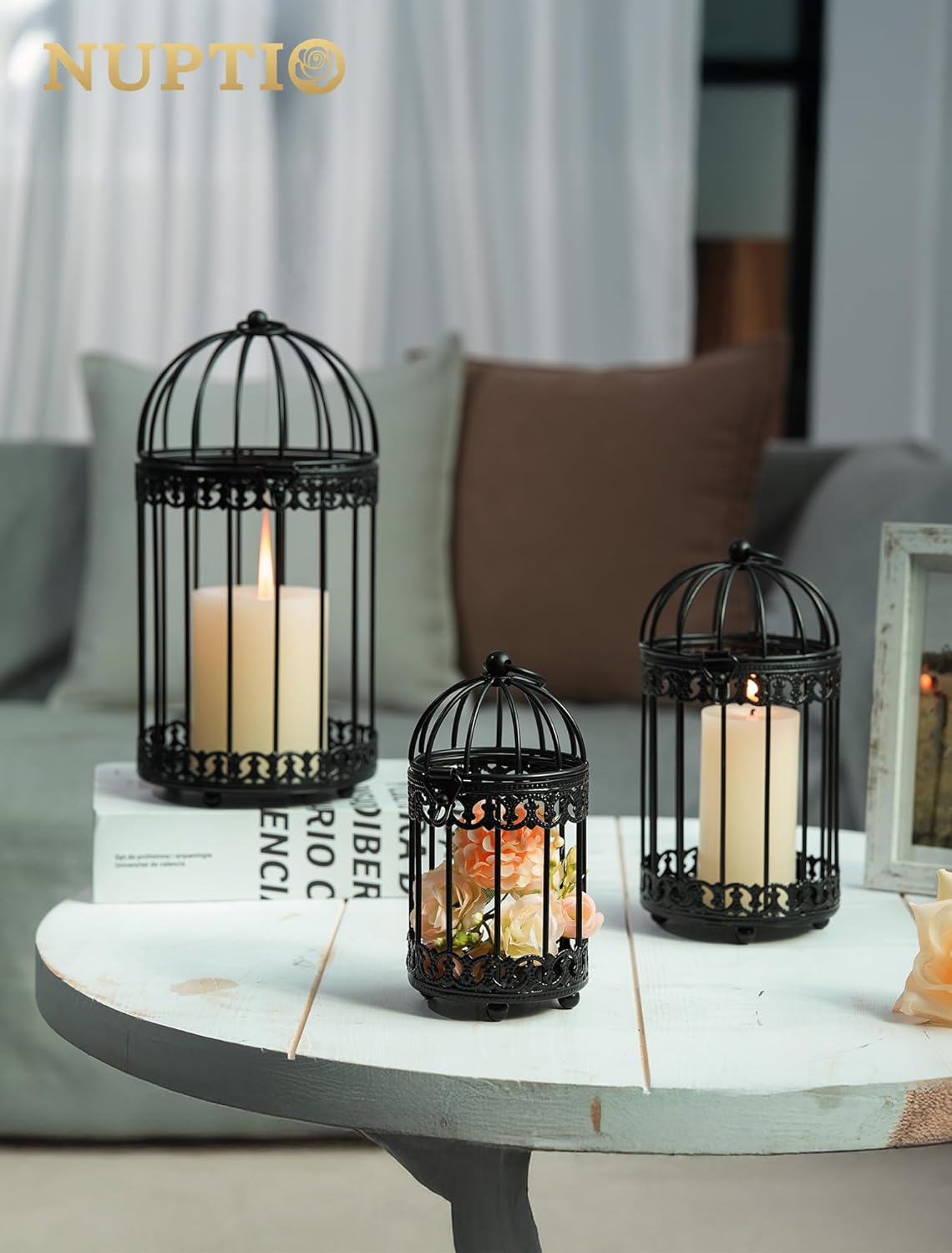 NUPTIO Decorative Bird Cages for Centerpiece: Black Vintage Bird Cage Hanging Lantern Set of 3 - Metal Birdcage Pillar Candle Holders for Halloween Party Table Fireplace Decor