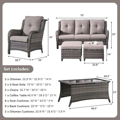 Rilyson Wicker Patio Furniture Sofa Set - 7 Piece Rattan Outdoor Patio Sectional Conversation Sets with 2 Sofa,2 Armrest Chairs,1 Coffee Table and 2 Ottomans for Porch Deck Garden(Mixed Grey/Grey)