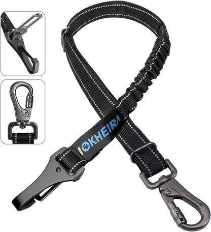 Dog Seat Belt 3-in-1 Car Harness for Dogs Adjustable Safety Seatbelt for Car Nylon Reflective Bungee Fabric Dog Car Harness with Clip Hook Latch & Buckle, Swivel Zinc Alloy Carabiner (Black)