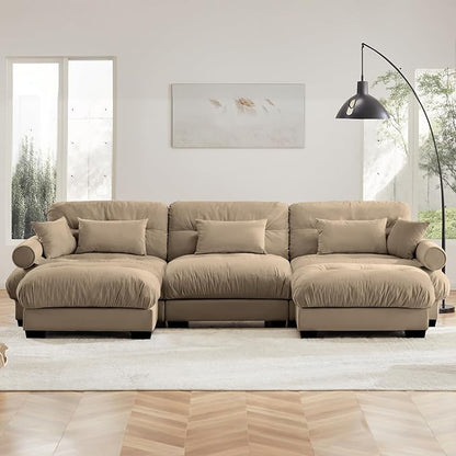 130" Oversized Couch, 3 Seater Modular Sectional Sofa, Camel Large U Shaped Sectional Couches for Living Room, Fluffy Couch Set, 3 Seater, Velvet Cloud Couch with Ottoman, Sofas for Living Room