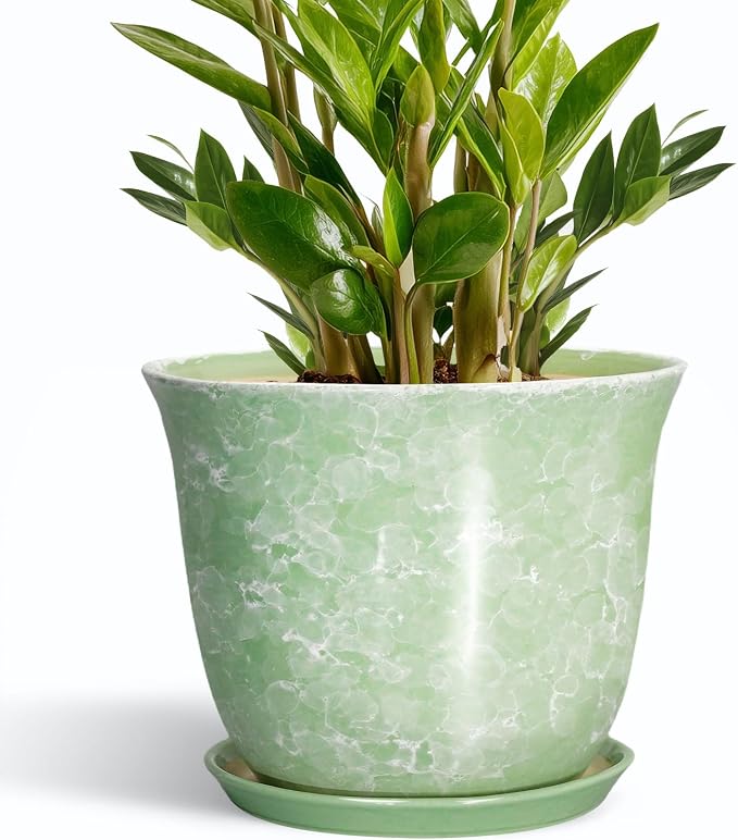 Ceramic Pots for Plants - 10 Inch Plant Pot for Indoor Outdoor, Round Planter with Drainage Hole and Saucer, Decorative Plant Pots, Modern Flower Pot, Home Porch Decor, Garden Gifts, Green
