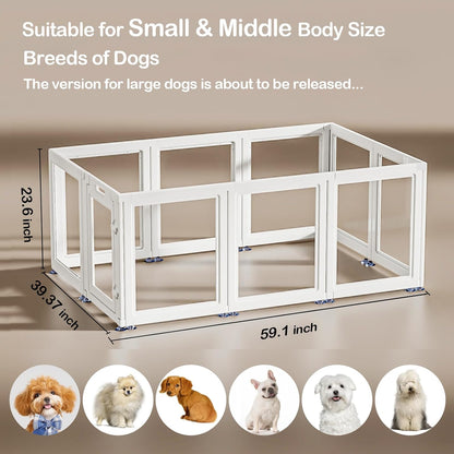 Dog Playpen Transparent Puppy Playpen Indoor, Easy Assemble & Disassemble Clear Pet Playpen, Sturdy & Easy Cleaning Plastic Dog Fence with Suction Cup (23.6"" H, 10PCS), White