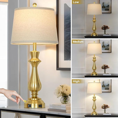 Modern Gold Table Lamp for Living Room,30" Tall Bedside Lamp with USB Charging Port,3-Way Dimmable Touch Nightstand Lamp for Bedroom Desk Side Table Office,Gold-1P