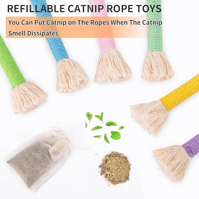 Retro Shaw Cat Toys Ropes with Catnip 6Pcs, Safe Teething Cleaning Kitten Toys for Indoor Cats Kitty, Interactive Cat Nip Chew Toys Kicker