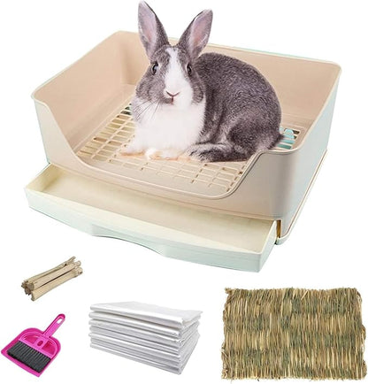 kathson Large Rabbit Litter Box with Drawer, Potty Trainer Corner Toilet Bigger Pet Pan Bunny Litter Box Tray with Grass Mat for Adult Guinea Pigs, Chinchilla, Hamster Ferret (Brown)