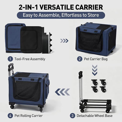 Rolling Cat Carrier with Wheels, 16.5 x 13 x 11.8 in, Navy Blue | Expandable soft-sided carrier with detachable wheels, telescopic handle and breathable mesh for cats and small dogs