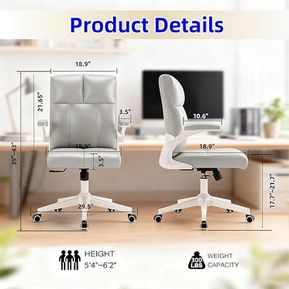 Ergonomic Home Office Desk Chair with Space Saving Flip-Up Arms, 360° Swivel & Reclining Back, Executive Chair in Soft Faux Leather Chair Multi-Angle from 90° to 135° with 450LBS Capacity（Gray）