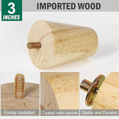 FoDau770 Rubber Wood Furniture Legs 3 Inches, Straight Tapered Wood Feet Mid Century Sofa Legs Set of 4, 5/16" UNC Furniture Feet Replacement Parts for Cabinet Couch Dresser Chair Ottoman Table