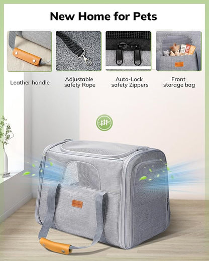 Morpilot Pet Travel Carrier Bag, Soft-Sided Dog Carrier Cat Carrier Pet Carrier, for Large Cats and Medium Puppies up to 25lbs, w/Locking Safety Zippers, Foldable Bowl (Light Gray)