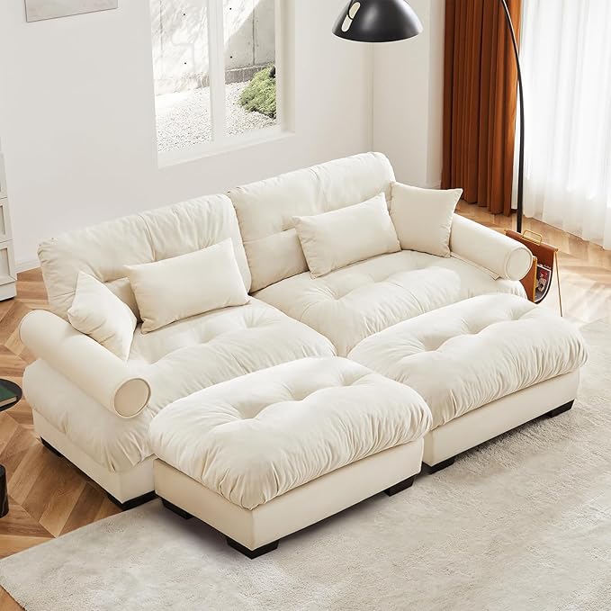 93.7" Loveseat Sofa, 2 Seater Modular Sectional Sofa, Beige White Large U Shaped Sectional Couches for Living Room, Fluffy Couch, Love Seat, Velvet Cloud Couch with Ottoman, Deep Seat for Living Home