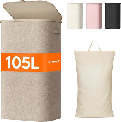 Lifewit 105L Laundry Basket with Lid, Large Laundry Hamper with Plastic Handles and Removable Bag, Foldable Tall Dirty Clothes Hampers for Laundry for Laundry Room, Bedroom, Bathroom, Dorm, Beige