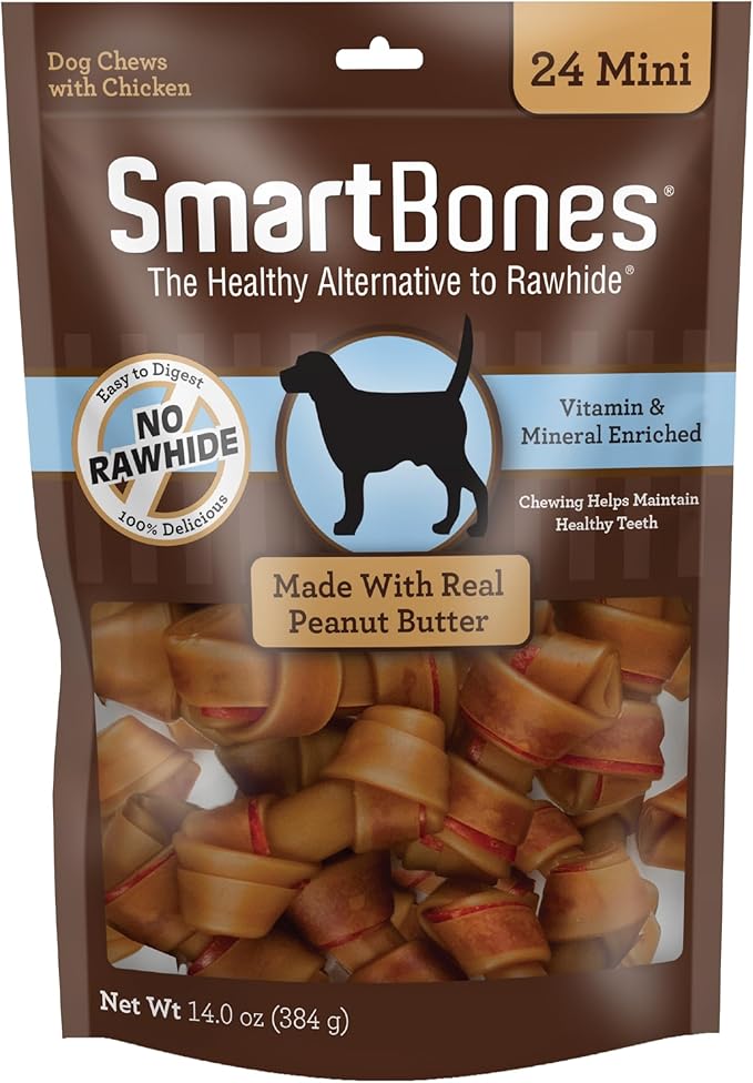 SmartBones Mini Chews With Real Peanut Butter 24 Count, Rawhide-Free Chews For Dogs (Packaging May Vary)