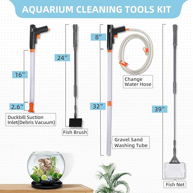 hygger Aquarium Gravel Cleaner Kit, Fish Net Aquarium Cleaning Brush, Patented Water Changer Gravel Vacuum Fish Tank Sand Cleaner Kit Aquarium Siphon Vacuum Cleaner with Water Hose Controller Clamp