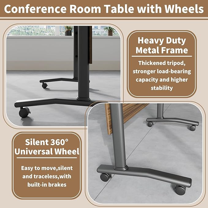Conference Table, Modern Folding Meeting Tables with Flip Top, Mobile Podcast Table with Four Locking Wheels, Large Training Table for Meeting Room, Office, Classroom (6, A, 55.1in)