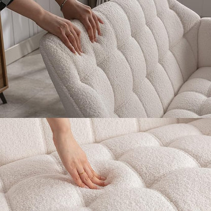 QUINJAY 48" Small Loveseat Sofa, Modern Sherpa Mini Sofa Couch 2-Seater Fluffy Love Seat with Quilting Backs and Wood Legs for Living Room, Bedroom and Small Space, White