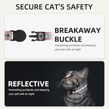 Waterproof Airtag Cat Collar, Reflective With Bell, Breakaway Holder, Lightweight for Apple Air Tag, GPS Collars for Girl Boy Cats, Kitten (Pink)