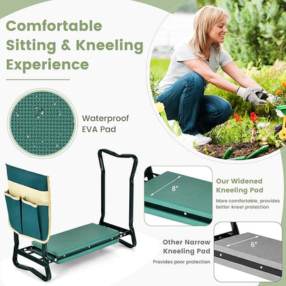 Goplus Garden Kneeler and Seat, Heavy-Duty Garden Bench w/Large Tool Pouch, Widen EVA Foam Kneeling Pad, Portable Gardening Gift for Women Men Seniors, Foldable Garden Stool for Kneeling & Sitting