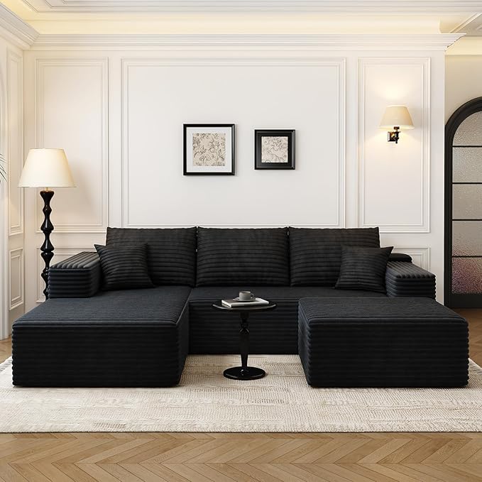 107.5" Cloud Modular Sectional Sofa with 1 Ottoman,Modern Minimalist Upholstered Couches, Comfort U Shaped Sofa for Living Room,Deep Seat Corner Couch，No Assembly Required (Black,Left Facing Chaise)