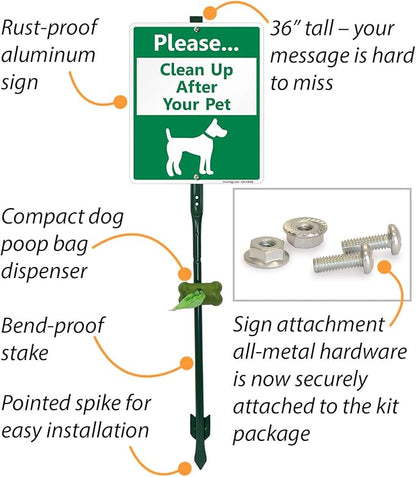 SmartSign Please Clean Up After Your Pet Yard Sign & Clip-On Plastic Dispenser Combo/Kit, 10"x12" Aluminum Sign with 3ft Steel Stake, Compact Dispenser Preloaded with a 15 Dog Poop Bags Roll