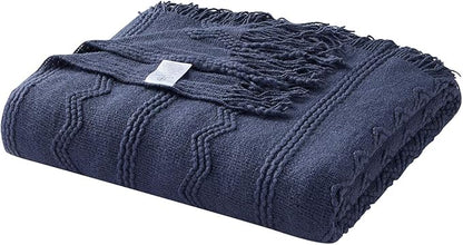 BOURINA Navy Throw Blanket 50 x90 Inches Throw Textured Solid Soft Sofa Throw Bed Runner Couch Cover Knitted Decorative Blanket Bed Runner